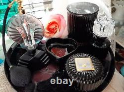 Vintage Black Glass Perfume Vanity Set! WFrench Amethyst Spray! MINT CONDITION