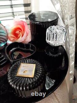 Vintage Black Glass Perfume Vanity Set! WFrench Amethyst Spray! MINT CONDITION
