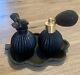 Vintage Black Satin Glass Atomizer Perfume Bottle Bird Stopper Set Withleaf Tray
