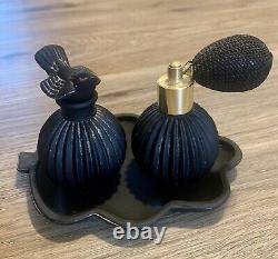 Vintage Black Satin Glass Atomizer Perfume Bottle Bird Stopper Set withLeaf Tray