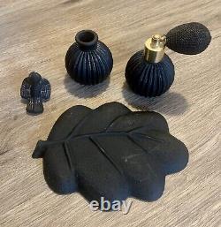 Vintage Black Satin Glass Atomizer Perfume Bottle Bird Stopper Set withLeaf Tray