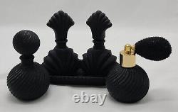 Vintage Black Satin Glass Atomizer Perfume Bottle Set of 4 with Tray Empty RARE