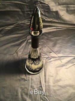 Vintage Bohemian Black Cut to Clear ETCHED Glass 12.5 Decanter Bottle +Stopper