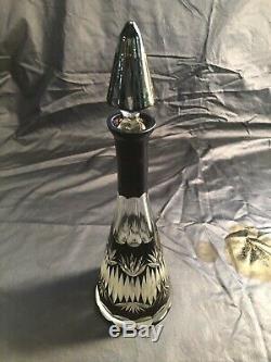 Vintage Bohemian Black Cut to Clear ETCHED Glass 12.5 Decanter Bottle +Stopper