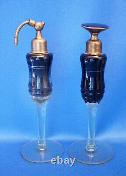 Vintage Cambridge YELLOW BLACK GLASS Gold Lines ART DECO Perfume Atomizer+Bottle