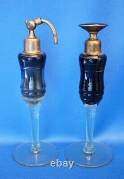 Vintage Cambridge YELLOW BLACK GLASS Gold Lines ART DECO Perfume Atomizer+Bottle