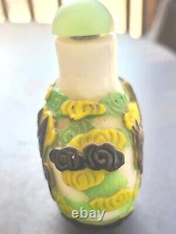 Vintage Carved Peking Cameo Glass Bottle 3 Color Green Yellow Black 3 x 3