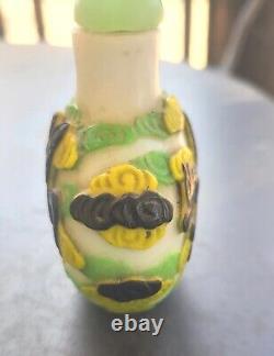 Vintage Carved Peking Cameo Glass Bottle 3 Color Green Yellow Black 3 x 3
