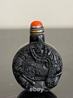Vintage Chinese Black Carved Stone Snuff Bottle