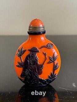 Vintage Chinese Orange Peking Glass Snuff Bottle with Carved Black Decoration