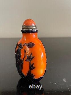Vintage Chinese Orange Peking Glass Snuff Bottle with Carved Black Decoration