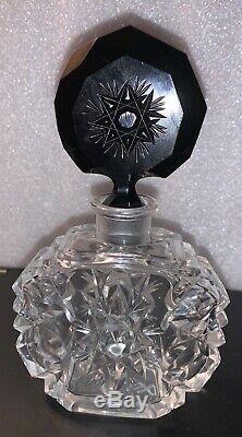 Vintage Clear Art Deco Perfume Bottle Opaque Black Stopper Czechoslovakian