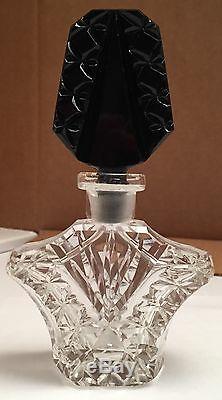 Vintage Clear Crystal Czecholslovakian Perfume Bottle With Opaque Black Stopper
