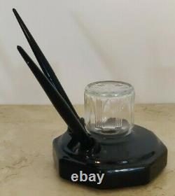 Vintage FOUNT-O-INK Inkwell Art Deco Glass Bottle with 2 fountain pens H4
