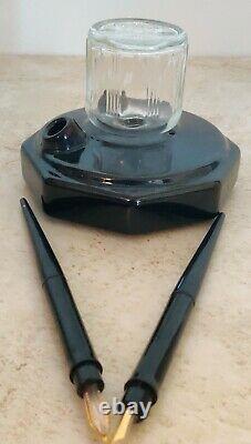 Vintage FOUNT-O-INK Inkwell Art Deco Glass Bottle with 2 fountain pens H4