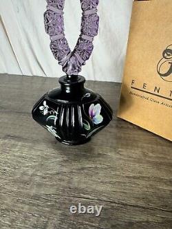 Vintage Fenton Art Glass Perfume Bottle Hand Painted Flowers Purple and Black