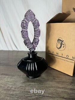 Vintage Fenton Art Glass Perfume Bottle Hand Painted Flowers Purple and Black