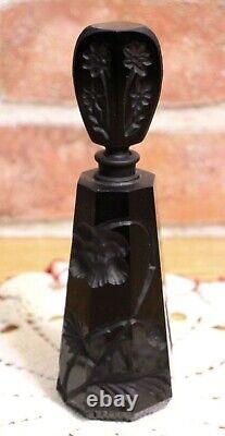 Vintage French Art Deco Black Glass Perfume Bottle Hand Cut With Stopper
