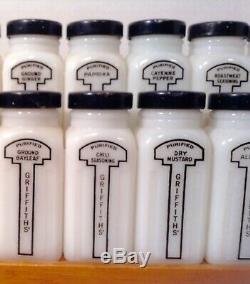 Vintage Griffith's Milk Glass Spice Jars with Wood Rack 18 Bottles Black Tops