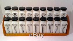Vintage Griffith's Milk Glass Spice Jars with Wood Rack 18 Bottles Black Tops