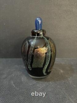 Vintage Handmade Black Foil Glass Perfume Bottle With Dauber, artist Signed