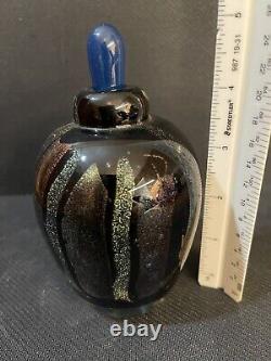 Vintage Handmade Black Foil Glass Perfume Bottle With Dauber, artist Signed