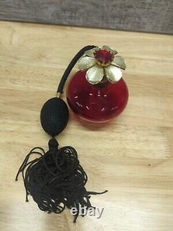 Vintage Irice Ruby Red Glass Perfume Bottle With Black Tassel Atomizer