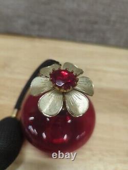 Vintage Irice Ruby Red Glass Perfume Bottle With Black Tassel Atomizer