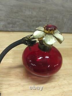 Vintage Irice Ruby Red Glass Perfume Bottle With Black Tassel Atomizer