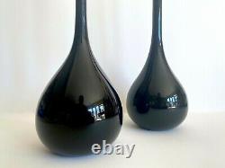 Vintage MID Century Modernist Hand Blown Tall Black Art Glass Bottle Vases Pair