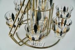 Vintage Mid Century Modern Drink Set withStand 6 Glasses & A Bottle Black & Gold