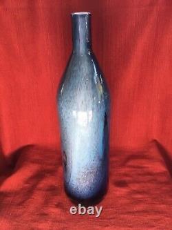 Vintage Modern Blue With Black Swirls Studio Art Glass Vase In Bottle Shape Form