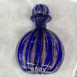 Vintage Murano Glass Blue Black & Amethyst Striped Perfume Bottle & Stopper