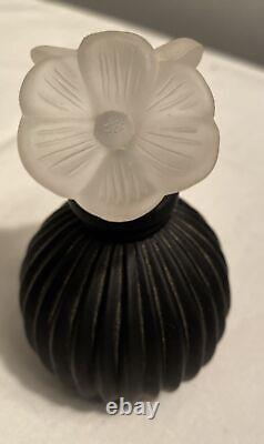 Vintage Napier Glass Black Ribbed Perfume Bottle With Flower Stopper 3.5