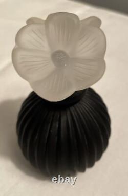 Vintage Napier Glass Black Ribbed Perfume Bottle With Flower Stopper 3.5