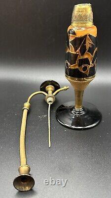 Vintage Orange & Black & Gold Perfume Atomizer Bottle Czech Bohemian Case Glass