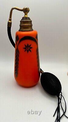 Vintage Orange & Black Perfume Atomizer Bottle Czech Bohemian Case Glass