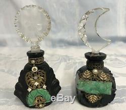 Vintage Pair Of Black Glass Deco Czech Perfume Bottles Enamel/filigree/faux Jade
