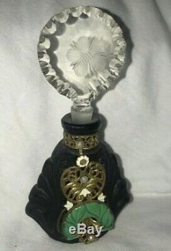 Vintage Pair Of Black Glass Deco Czech Perfume Bottles Enamel/filigree/faux Jade