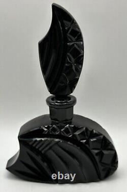 Vintage Perfume Bottle Czech Jet Black Glass Art Deco Design