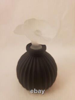 Vintage Satin Black Glass Perfume Bottle withFrosted White Flowers Stopper (empty)