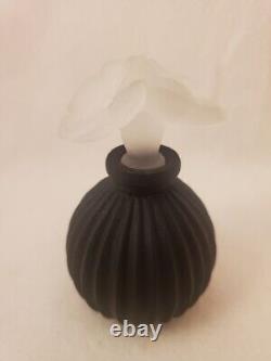 Vintage Satin Black Glass Perfume Bottle withFrosted White Flowers Stopper (empty)