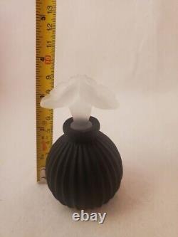 Vintage Satin Black Glass Perfume Bottle withFrosted White Flowers Stopper (empty)