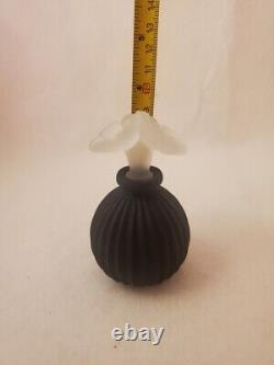 Vintage Satin Black Glass Perfume Bottle withFrosted White Flowers Stopper (empty)