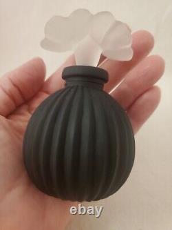 Vintage Satin Black Glass Perfume Bottle withFrosted White Flowers Stopper (empty)