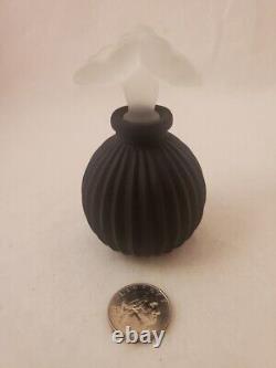 Vintage Satin Black Glass Perfume Bottle withFrosted White Flowers Stopper (empty)