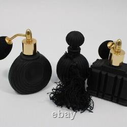 Vintage Three Black Glass Perfume Bottles / Atomizers Empty Art Deco Style