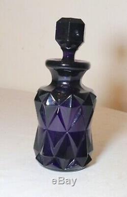 Vintage mold blown black amethyst purple art glass perfume scent bottle jar lid