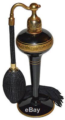 Volupte 1929 Black / Ebony Glass Perfume Atomizer / Bottle with Fancy Gold Trim