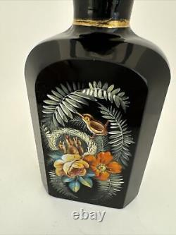 Vtg Antique 19th Century Black Amethyst Glass & Handpainted Perfume Bottle